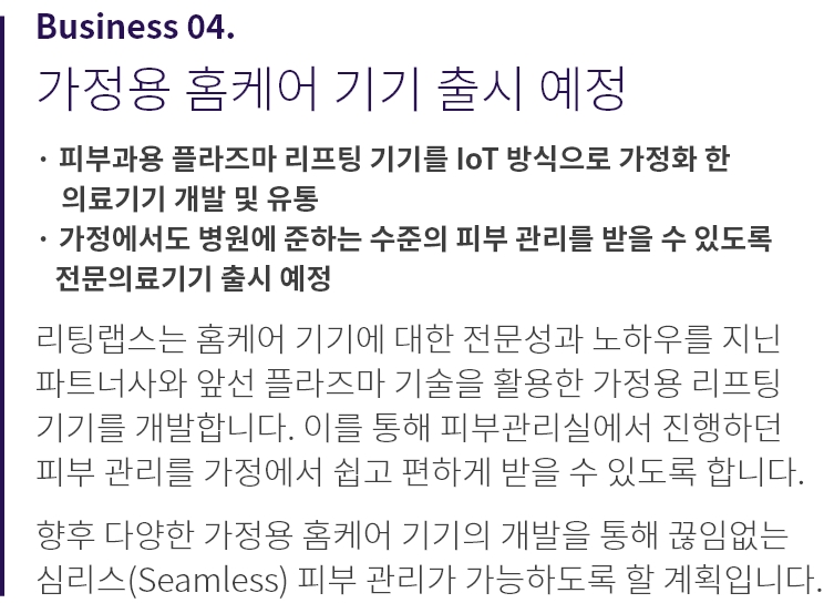 
          Business 04.
          가정용 홈케어 기기 출시
          
          · 피부과용 HIFU(집속 초음파) 리프팅 기기를 loT 방식으로 
          소형화 한 기기 '영앤비' 출시
          · 가정에서도 병원에 준하는 수준의 피부 관리를 받을 수 있도록 
          전문의료기기 출시

          리팅랩스는 대기업 홈 뷰티 기기 기획 및 개발 출신으로 
          구성된 파트너사와 함께 리프팅 고객들이 가장 선호하는 
          '울쎄라' 피부 관리를 가정에서 쉽고 편하게 받을 수 있도록
          개발하여 유통합니다.

          향후 다양한 가정용 홈케어 기기의 개발 및 유통을 통해 
          병원 시술이나 수술 후 끊임없는 심리스(Seamless)관리가 
          가능하도록 합니다.
          